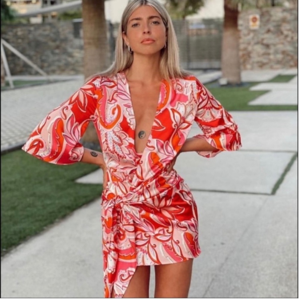 Zara Carla Floral Printed Wrap Knotted Satin Dress